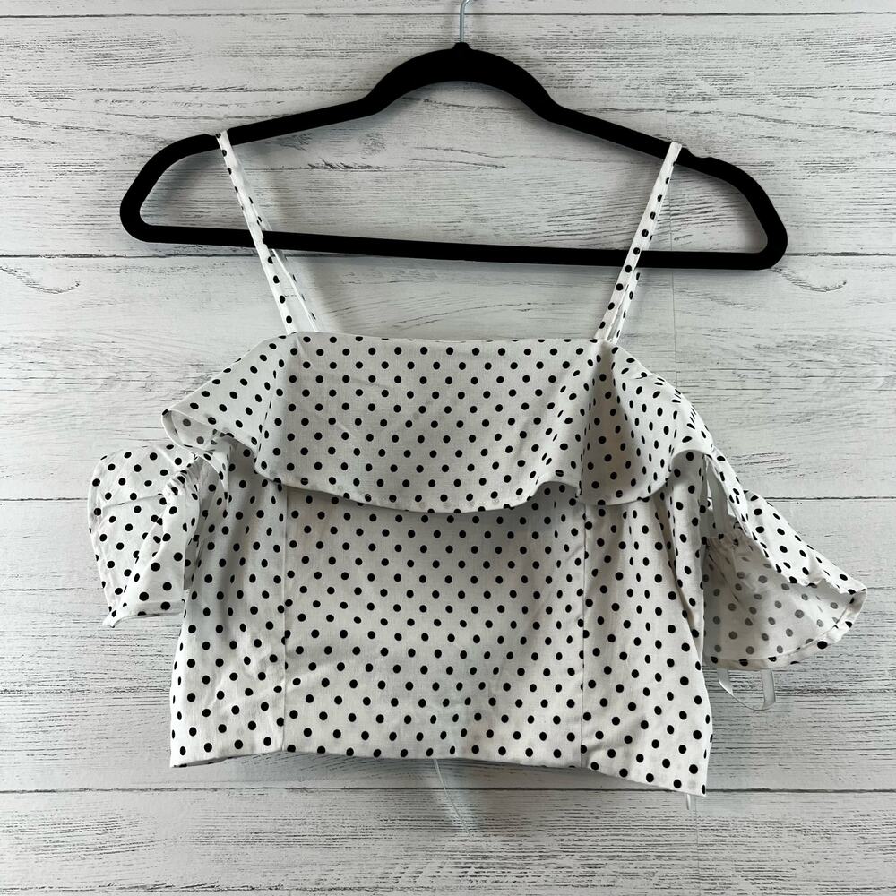 She + Sky Dot Print Ruffle Sleeve Crop Top Size L